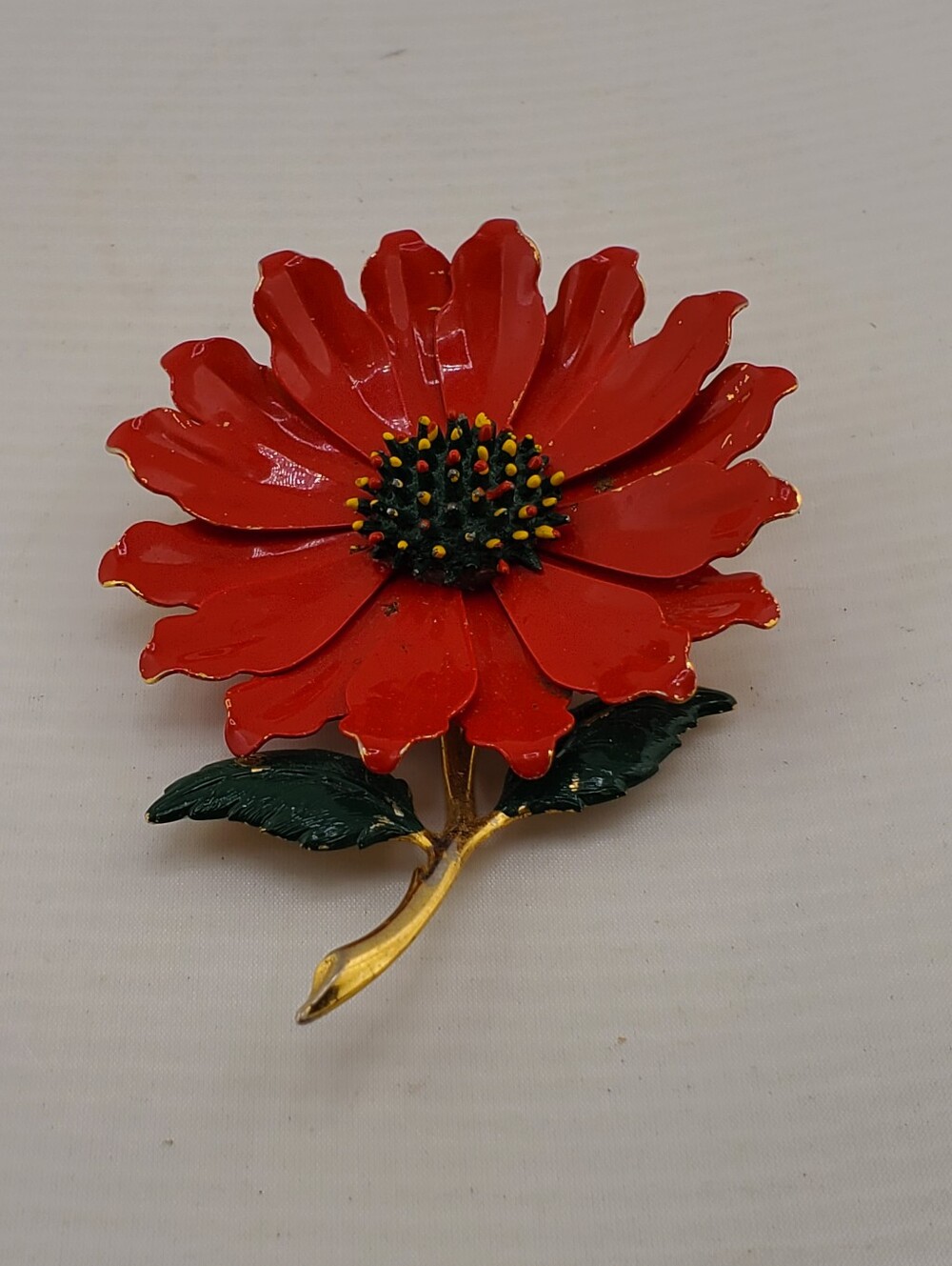 Vintage Red Enameled Poppy Brooch